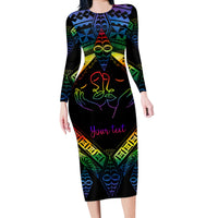 Personalised Tonga LGBT Long Sleeve Bodycon Dress Love Is Love Ngatu Rainbow Water Color - Wonder Print Shop