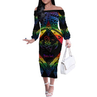 Personalised Tonga LGBT Off The Shoulder Long Sleeve Dress Love Is Love Ngatu Rainbow Water Color - Wonder Print Shop