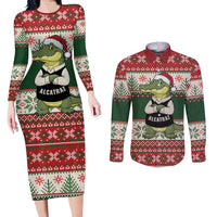 Funny Christmas Alligator Santa Couples Matching Long Sleeve Bodycon Dress and Long Sleeve Button Shirt Knitted Pattern - Wonder Print Shop
