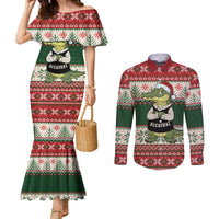Funny Christmas Alligator Santa Couples Matching Mermaid Dress and Long Sleeve Button Shirt Knitted Pattern - Wonder Print Shop