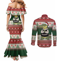 Funny Christmas Alligator Santa Couples Matching Mermaid Dress and Long Sleeve Button Shirt Knitted Pattern - Wonder Print Shop