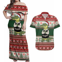 Funny Christmas Alligator Santa Couples Matching Off Shoulder Maxi Dress and Hawaiian Shirt Knitted Pattern - Wonder Print Shop