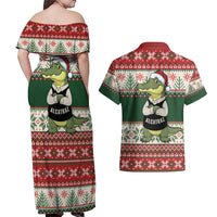 Funny Christmas Alligator Santa Couples Matching Off Shoulder Maxi Dress and Hawaiian Shirt Knitted Pattern - Wonder Print Shop