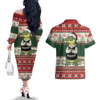 Funny Christmas Alligator Santa Couples Matching Off The Shoulder Long Sleeve Dress and Hawaiian Shirt Knitted Pattern - Wonder Print Shop