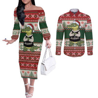 Funny Christmas Alligator Santa Couples Matching Off The Shoulder Long Sleeve Dress and Long Sleeve Button Shirt Knitted Pattern - Wonder Print Shop