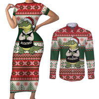 Funny Christmas Alligator Santa Couples Matching Short Sleeve Bodycon Dress and Long Sleeve Button Shirt Knitted Pattern - Wonder Print Shop