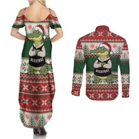 Funny Christmas Alligator Santa Couples Matching Summer Maxi Dress and Long Sleeve Button Shirt Knitted Pattern - Wonder Print Shop
