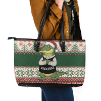 Funny Christmas Alligator Santa Leather Tote Bag Knitted Pattern - Wonder Print Shop