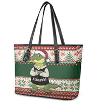Funny Christmas Alligator Santa Leather Tote Bag Knitted Pattern - Wonder Print Shop