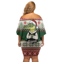 Funny Christmas Alligator Santa Off Shoulder Short Dress Knitted Pattern - Wonder Print Shop
