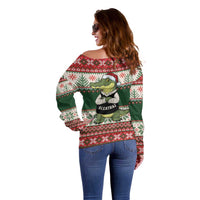 Funny Christmas Alligator Santa Off Shoulder Sweater Knitted Pattern - Wonder Print Shop
