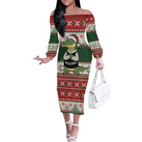 Funny Christmas Alligator Santa Off The Shoulder Long Sleeve Dress Knitted Pattern - Wonder Print Shop