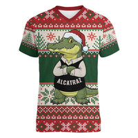 Funny Christmas Alligator Santa Women V-Neck T-Shirt Knitted Pattern - Wonder Print Shop