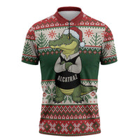 Funny Christmas Alligator Santa Zipper Polo Shirt Knitted Pattern - Wonder Print Shop
