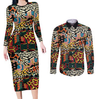 African Mixed Wild Animal Skins Couples Matching Long Sleeve Bodycon Dress and Long Sleeve Button Shirt LT9 - Wonder Print Shop