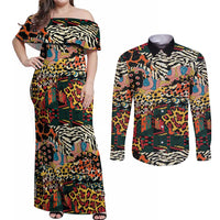 African Mixed Wild Animal Skins Couples Matching Off Shoulder Maxi Dress and Long Sleeve Button Shirt LT9 - Wonder Print Shop
