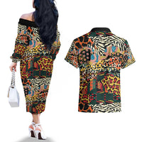 African Mixed Wild Animal Skins Couples Matching Off The Shoulder Long Sleeve Dress and Hawaiian Shirt LT9 - Wonder Print Shop