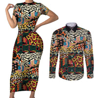 African Mixed Wild Animal Skins Couples Matching Short Sleeve Bodycon Dress and Long Sleeve Button Shirt LT9 - Wonder Print Shop