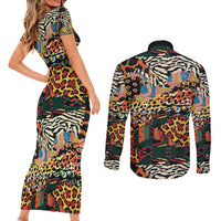African Mixed Wild Animal Skins Couples Matching Short Sleeve Bodycon Dress and Long Sleeve Button Shirt LT9 - Wonder Print Shop