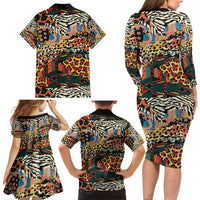 African Mixed Wild Animal Skins Family Matching Long Sleeve Bodycon Dress and Hawaiian Shirt LT9 - Wonder Print Shop