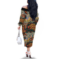 African Mixed Wild Animal Skins Family Matching Off The Shoulder Long Sleeve Dress and Hawaiian Shirt - Wonder Print Shop