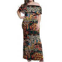 African Mixed Wild Animal Skins Off Shoulder Maxi Dress - Wonder Print Shop