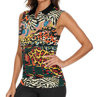 African Mixed Wild Animal Skins Women Sleeveless Polo Shirt - Wonder Print Shop