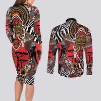 Beautiful African Women Ethnic Motifs Couples Matching Long Sleeve Bodycon Dress and Long Sleeve Button Shirt LT9 - Wonder Print Shop