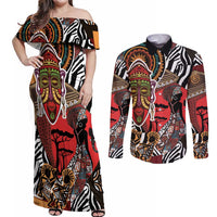 Beautiful African Women Ethnic Motifs Couples Matching Off Shoulder Maxi Dress and Long Sleeve Button Shirt LT9 - Wonder Print Shop