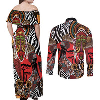 Beautiful African Women Ethnic Motifs Couples Matching Off Shoulder Maxi Dress and Long Sleeve Button Shirt LT9 - Wonder Print Shop