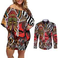Beautiful African Women Ethnic Motifs Couples Matching Off Shoulder Short Dress and Long Sleeve Button Shirt LT9 - Wonder Print Shop