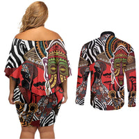 Beautiful African Women Ethnic Motifs Couples Matching Off Shoulder Short Dress and Long Sleeve Button Shirt LT9 - Wonder Print Shop