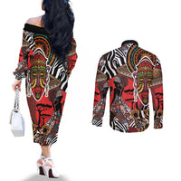 Beautiful African Women Ethnic Motifs Couples Matching Off The Shoulder Long Sleeve Dress and Long Sleeve Button Shirt