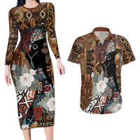 Beautiful Black Woman Couples Matching Long Sleeve Bodycon Dress and Hawaiian Shirt African Tribal Pattern LT9 - Wonder Print Shop