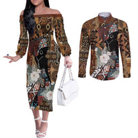 Beautiful Black Woman Couples Matching Off The Shoulder Long Sleeve Dress and Long Sleeve Button Shirt African Tribal Pattern