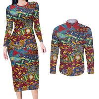 Traditional African Animal Skins Pattern Couples Matching Long Sleeve Bodycon Dress and Long Sleeve Button Shirt LT9 - Wonder Print Shop