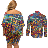 Traditional African Animal Skins Pattern Couples Matching Off Shoulder Short Dress and Long Sleeve Button Shirt LT9 - Wonder Print Shop