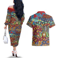 Traditional African Animal Skins Pattern Couples Matching Off The Shoulder Long Sleeve Dress and Hawaiian Shirt LT9 - Wonder Print Shop