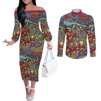 Traditional African Animal Skins Pattern Couples Matching Off The Shoulder Long Sleeve Dress and Long Sleeve Button Shirt