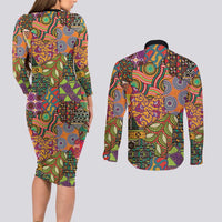 Traditional Ethnic African Vintage Motifs Couples Matching Long Sleeve Bodycon Dress and Long Sleeve Button Shirt LT9 - Wonder Print Shop
