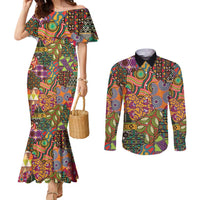Traditional Ethnic African Vintage Motifs Couples Matching Mermaid Dress and Long Sleeve Button Shirt