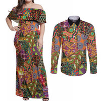 Traditional Ethnic African Vintage Motifs Couples Matching Off Shoulder Maxi Dress and Long Sleeve Button Shirt LT9 - Wonder Print Shop