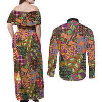 Traditional Ethnic African Vintage Motifs Couples Matching Off Shoulder Maxi Dress and Long Sleeve Button Shirt LT9 - Wonder Print Shop