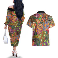 Traditional Ethnic African Vintage Motifs Couples Matching Off The Shoulder Long Sleeve Dress and Hawaiian Shirt LT9 - Wonder Print Shop