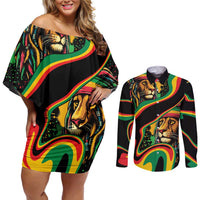 Rastafarian Lion Proud of Jamaica Couples Matching Off Shoulder Short Dress and Long Sleeve Button Shirt Reggae My Soul LT9 - Wonder Print Shop