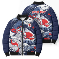 Personalized Football Japan Yatagarasu Bomber Puffer Jacket Blue Samurai Tsunami Wave Pattern
