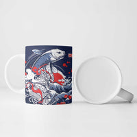 Personalized Football Japan Yatagarasu Ceramic Mug Blue Samurai Tsunami Wave Pattern