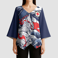Personalized Football Japan Yatagarasu Kimono Sleeve Blouse Blue Samurai Tsunami Wave Pattern