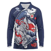 Personalized Football Japan Yatagarasu Long Sleeve Polo Shirt Blue Samurai Tsunami Wave Pattern