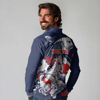 Personalized Football Japan Yatagarasu Long Sleeve Polo Shirt Blue Samurai Tsunami Wave Pattern